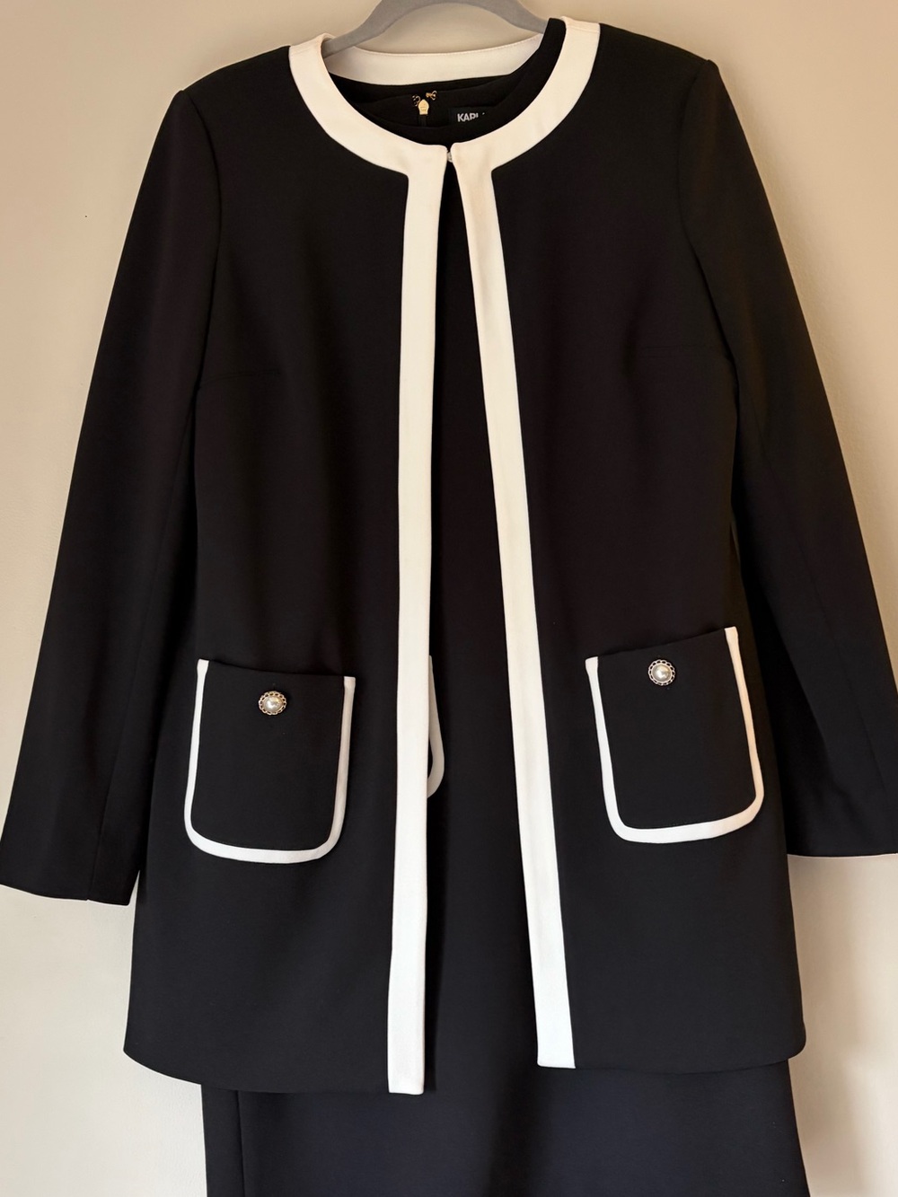 Karl Lagerfeld Black Jacket + Dress 2 piece set with White Trim